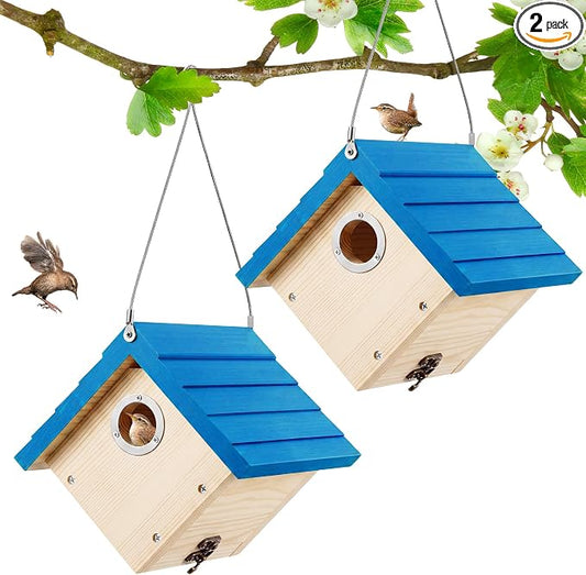 Dreyoo 2 Pack Wren House, 1-1/8'' Entrance Hole Hanging Wooden Wren Bird Houses for Outside with Metal Guard, Air Vents, Pine Wood for Chickadees (Blue,Wood Color)