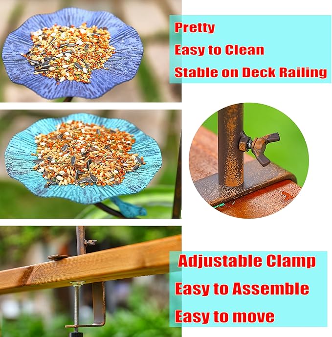 Lotus Theme Deck Railing Bird Bath Feeder Combo, Multi-Function Railing Bird Feeder & Bird Bath for Outdoor Use