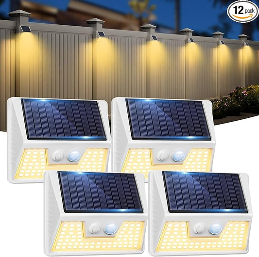 Vighep 4 Pack Solar Fence Lights Waterproof, Motion Sensor Deck, Warm White LED Outside Wireless for Wall, Yard, Garden - White