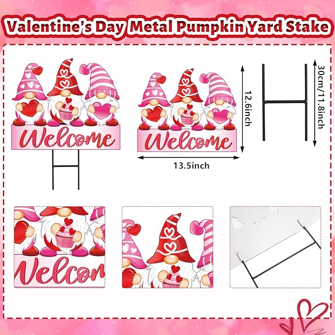 JarThenaAMCS Valentine's Day Metal Garden Stakes Red Pink Heart Gnome Yard Stake Decorative Welcome Lawn Sign for Wedding Anniversary Home Outside Lawn Porch Decor