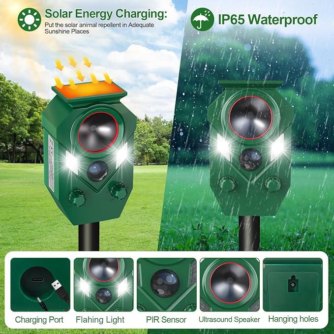 Solar Animal Repellent,Cat Dog Repellent Outdoor,Solar Animal Repeller with Motion Sensor,Waterproof Rabbit Repeller with Flahing Light for Yard Skunks,Raccoon Birds Squirrels Deer-4 Pack