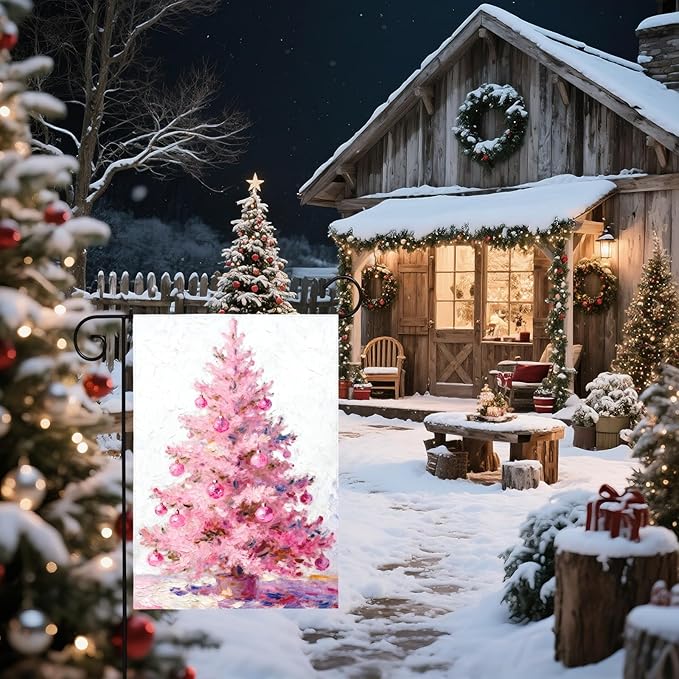 Christmas Garden Flag 12x18 Inch Pastel Pink Xmas Tree Ball Winter Holiday Decorative Yard Flags for Outside Double Sided Seasonal Outdoor Home Farmhouse Decoration Porch New Year Decor