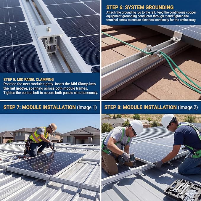 Solar Panel Mounting Rail Kit for 10 x 320W Panels, Includes 16 x 47.2 Aluminum Rails, Adjustable Clamps, L-Brackets & Grounding Hardware, Racking System for Metal, Tile, Shingle Roof