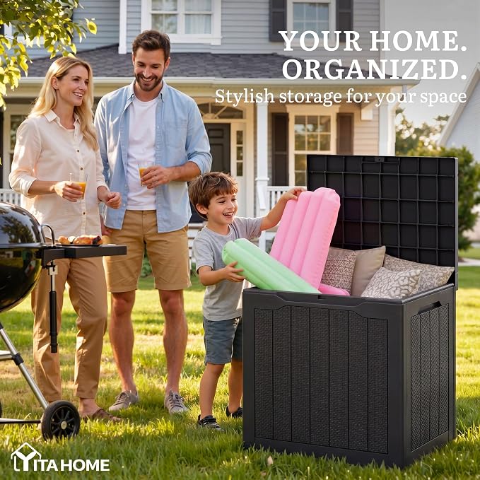 YITAHOME 32 Gallon Outdoor Deck Box, Waterproof Storage Box with Lockable Lid & Side, Resin Storage Container for Patio Furniture, Pool Accessories, Cushions, Garden Tools Equipment(Black)