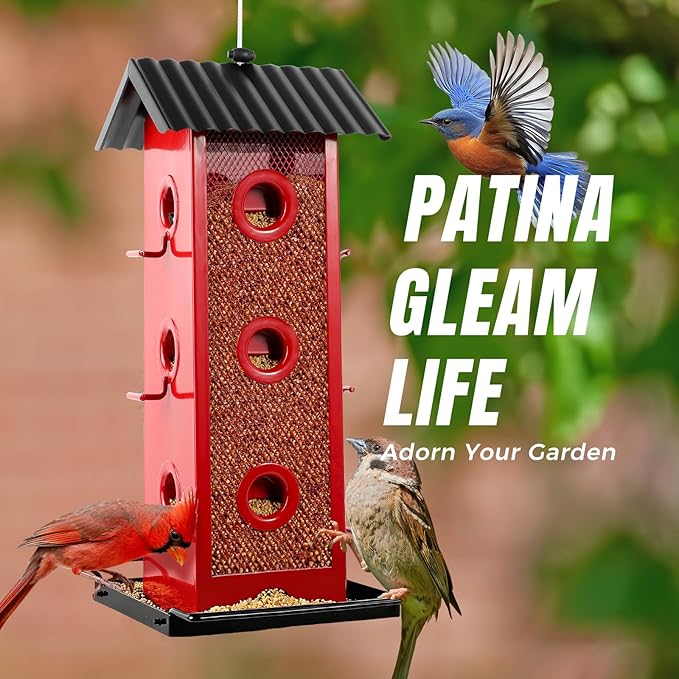 All Metal Bird Feeder for Outdoors Hanging | 14-Port Multi-Bird Viewing | Rust-Proof, Waterproof & Easy-Clean | Attracts Cardinals, Finches, Chickadees & More (Cardinal with Black Base)