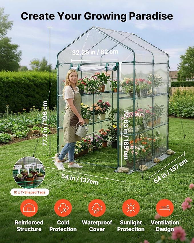 VEVOR Walk-in Greenhouse, 54" x 54" x 77.2" Greenhouse for Outdoors with PVC Cover, 2 Tiers 10 Shelves, Roll-Up Zipper Door, Walk in Green House, Portable Plant Garden Hot House for Backyard Outside