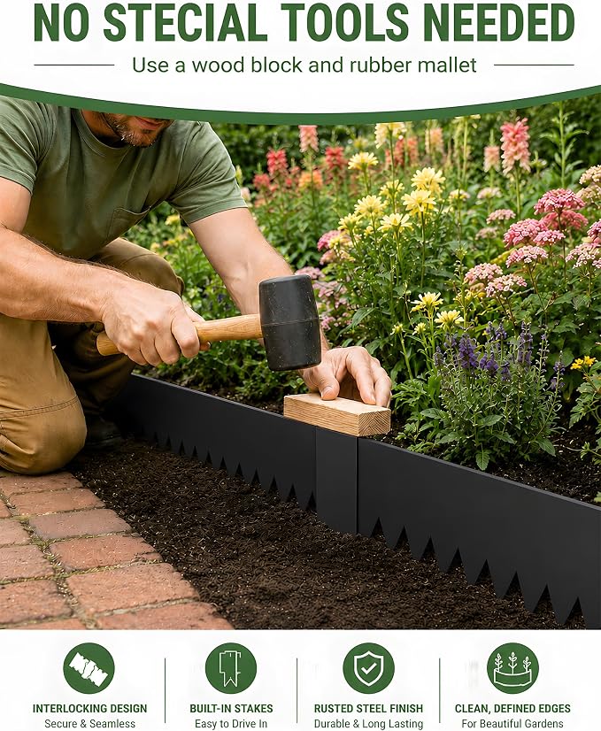 20ft Black Metal Landscape Edging 8 in Steel Garden Border No Dig Hammer in Lawn Edging Kit with 6 Panels and 6 Clamps for Yard Flower Bed Pathway