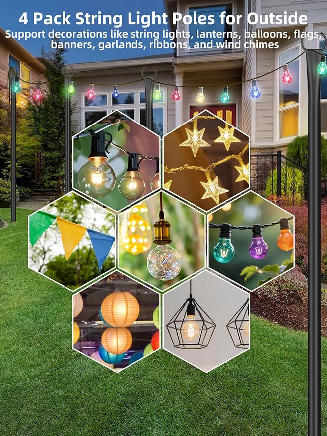 String Light Poles for Outside 4 Pack, 10ft Metal Outdoor String Light Poles for Deck - Ideal for Patio, Garden, Yard, Front Porch Decorations, Black