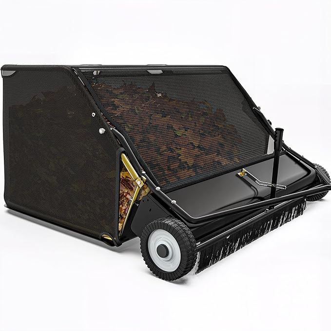 YINTATECH 50in Tow-Behind Lawn Sweeper, Heavy-Duty Garden Sweeper with 25 Cu. ft Hopper Bag, Leaf Grass Collector, Adjustable Brush Height, Anti-Splash Cover, Dumping Rope for Yard Lawn