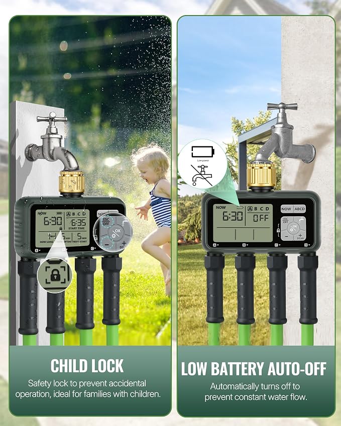 4 Zone Brass Sprinkler Timer, Garden Hose Timer, Automatic Irrigation System, Programmable Faucet, 4 Outlets, with Rain Delay, Manual Mode,Child Lock, for Yard, Garden, Lawn, Green E14WT06