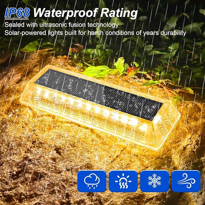 Lacasa Solar Deck Lights, Solar Lights Outdoor Waterproof IP68, 4 Pack Solar Powered Pathway Yard Driveway Step Landscape Light, LED Lighting 50LM for Garden Path Walkway Stair Patio, Warm White 2700K