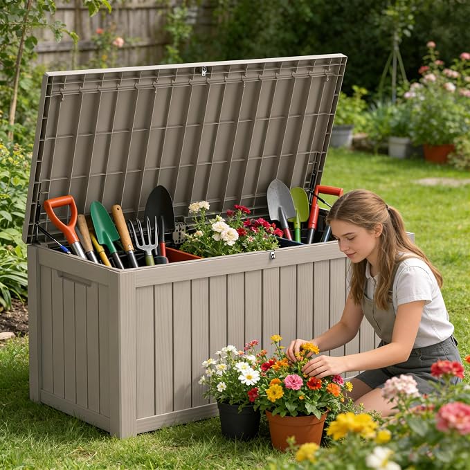150 Gallon Outdoor Storage Box Resin Deck Box All Weather Waterproof Large Lockable Storage Container Deck Box for Patio Furniture, Garden Tools, Lockable, Grey