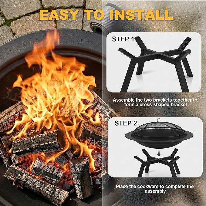 Outdoor Wood Burning Fire Pit, Heavy Duty Round Steel Fire Bowl for Backyard, Patio, Camping, Bonfire, Black Finish, with Mesh Spark Screen and Hook
