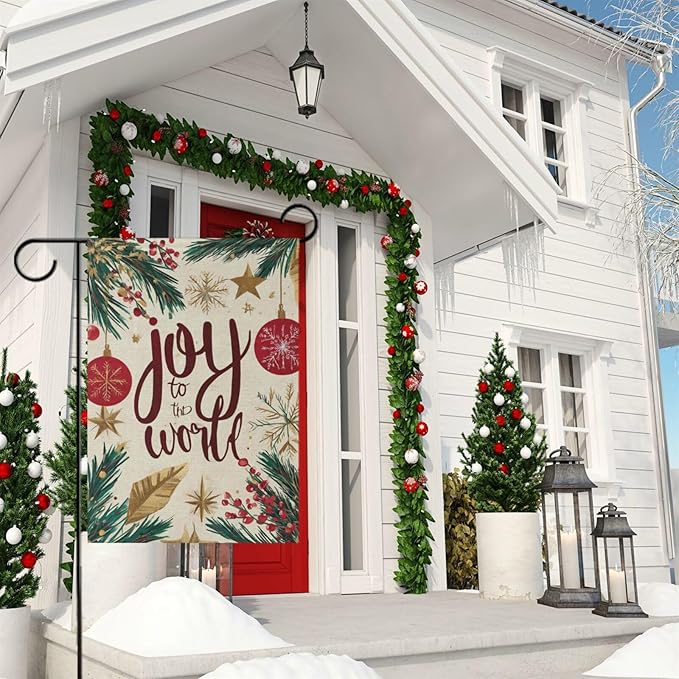 Pfrewn Christmas Winter Garden Flag 12x18 Double Sided Holly Ornament Baubles Ball Small House Yard Flags Welcome Seasonal Outdoor Indoor Banner for Xmas Holiday Yard Home Decoration