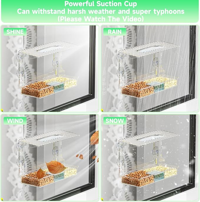 Acrylcc Window Bird Feeders with Strong Suction Cups for Window Viewing and Balcony,See Through Wild Birdfeeder with Bath and Water Combo,Clear Windows Bird Feeder for Cats,Kids,Birds Lover Gifts