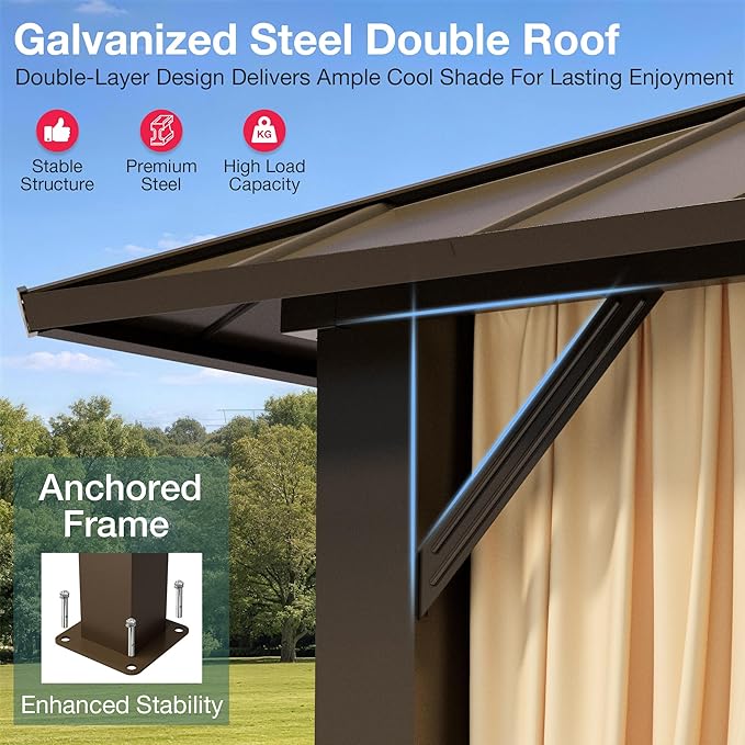 PAMAPIC 10x12FT Hardtop Gazebo,Galvanized Steel Double Roof Gazebo,Outdoor Permanent Pavilion with Breathable Netting & Privacy Curtain for Patio,Backyard,Deck,Lawn,Brown