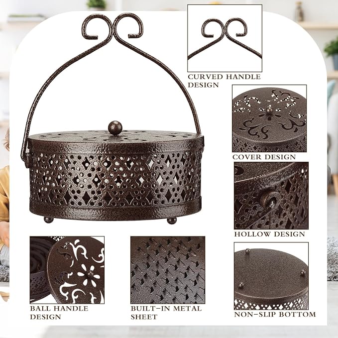 Lallisa Incense Coil Holder Sets, Round Metal Hanging Incense Burner with Handle and Lid, Portable Coil Burner Stand Container for Patio Camping Garden Home Indoor Outdoor Decor(Bronze Color,2 Pcs)