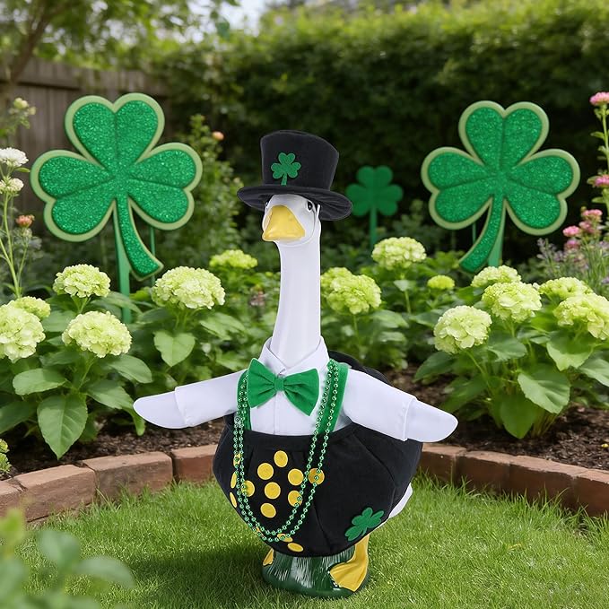 Watayo 4 Pcs/Set St. Patrick's Day Porch Goose Outfits, Shamrock Gold Coin Lawn Goose Statue Costume, Irish Clover Pot Garden Goose Clothes with Hat Bead Necklaces for 23" High Statue Patio Yard Decor