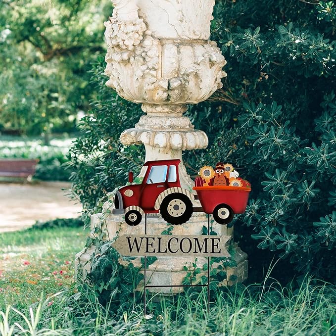 Metal Rustic Interchangeable Truck Yard Stakes with Seasonal Signs Decor for 4th of July Fall Harvest Christmas Winter Holidays Decoration-Set of 4
