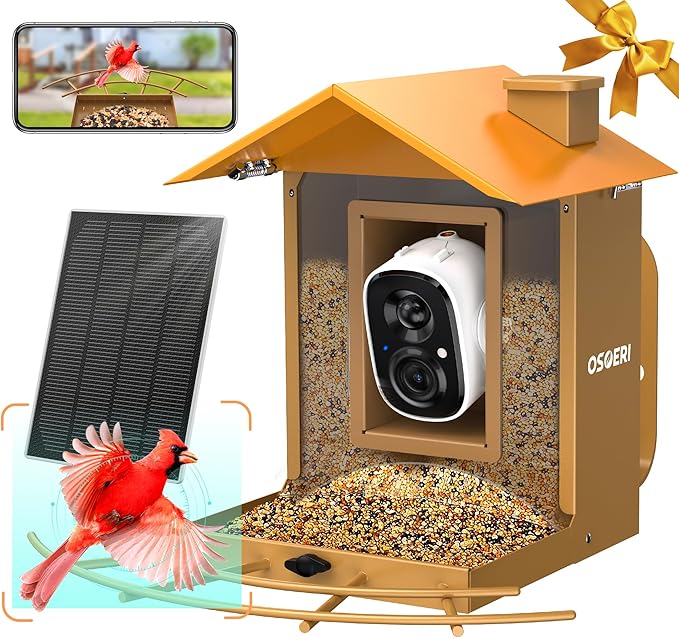 Osoeri Bird Feeder with Camera, Camera Bird Feeder for Outside, Solar-Powered, Smart AI Identify Birds, Auto Capture Video & Instant Arrival Alert, Ideal Gift for Family and Birdlover
