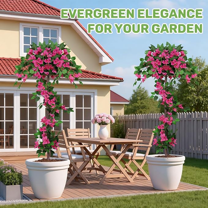 2Pack 5FT Artificial Bougainvillea Topiary Trees for Outdoor, Fake Silk Flowers Plants Bushes with Ground Spike, Faux UV Resistant Shurbs Trees for Outside,Front Porch,Patio,Balcony Decor