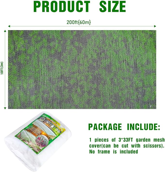 Woanger 10 x 200 ft Garden Netting Ultra Fine Plant Covers to Protect Vegetable Plants Fruit Tree Mesh Netting for Greenhouse Row Patio Barrier Blueberry Bushes Screen(White)