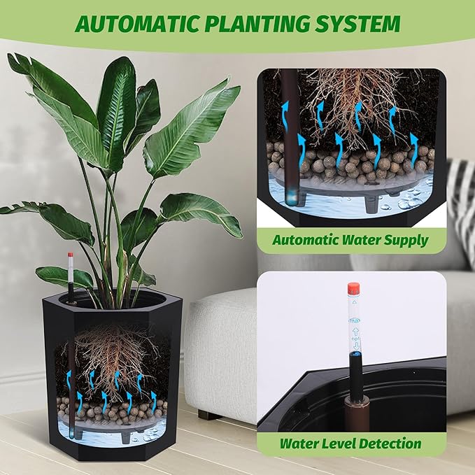 IDEALHOUSE 16" Tall Planters Set of 2, Self Watering Flower Pots, with Water Level Gauge, Drainage Hole & Wheels, Outdoor ＆ Indoor Planter Pots for Garden, Patio, Balcony