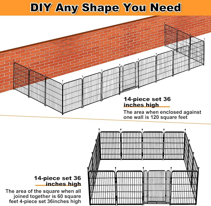 Getlay 36 in(H) Garden Fence, Wide Gate Low Threshold, 10 Panels Total 22.1 Ft(L) Heavy Duty Iron Animal Barrier Fence for Yard,Suitable for Indoor Or Outdoor Dog Fencing,Garden Border Fence