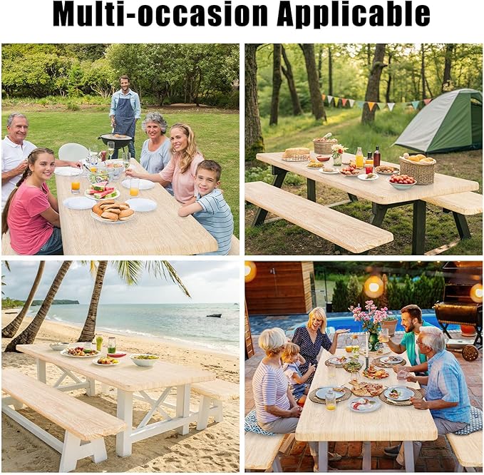 Smiry Picnic Table Cover with Bench Covers, Waterproof Elastic Fitted Tablecloth for 6 Foot Tables, Washable Polyester Tablecloths for Camping, Indoor & Outdoor (Ivory, 30x72 Inch 3-pc Set)