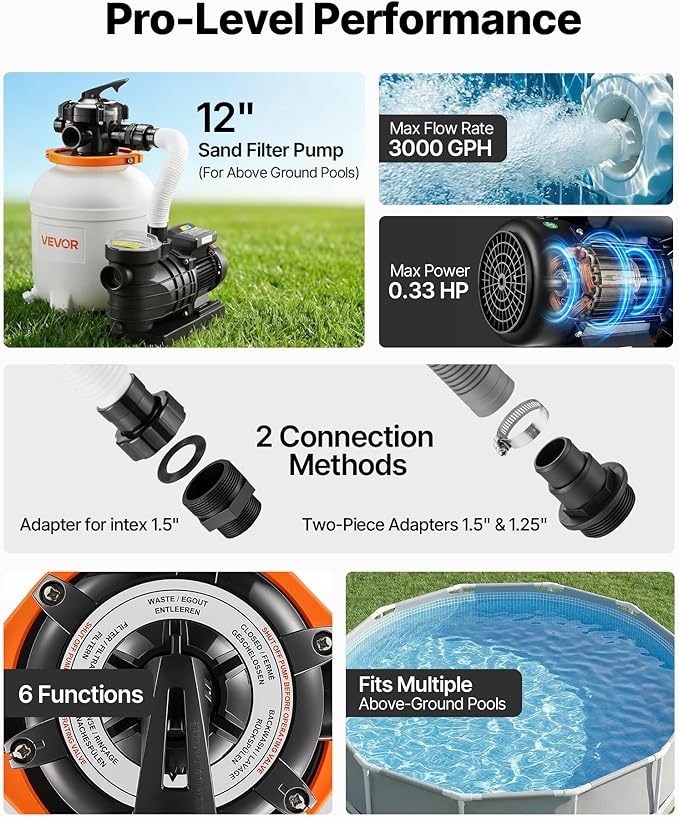 VEVOR 12" Sand Filter Pump for Above Ground Pools Up to 15000 Gallons, 0.33 HP 3000 GPH Pool Filtration System, Pre-Assembled Core for Easy Setup, Leak-Resistant Design & 6-Way Valve