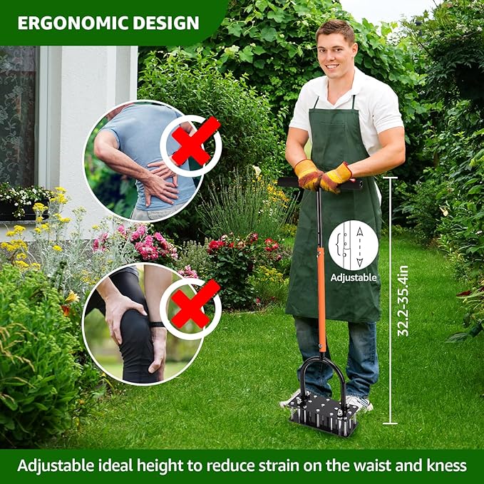 Lawn Aerator, Automatic Dirt and Leaf Clean Design, Heavy Duty Manual Lawn Aerator Tool with 15 Iron Spikes, Height Adjustable, Yard Grass Aerator for Lawn(Black with Orange)