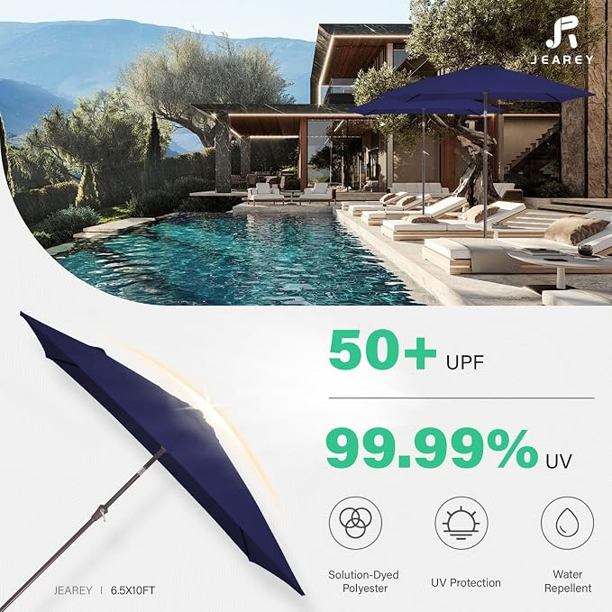 JEAREY 6.5x10 ft Rectangular Patio Umbrellas Outdoor Market Umbrella with Push Button Tilt and Crank, Rectangle Table Umbrellas 6 Sturdy Ribs UV Protection for Pool Garden Backyard Deck, Dark Blue