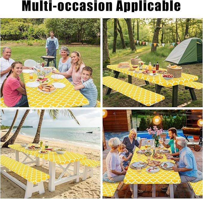 Smiry Picnic Table Cover with Bench Covers, Waterproof Elastic Fitted Tablecloth for 6 Foot Tables, Washable Polyester Tablecloths for Camping, Indoor & Outdoor (Yellow, 30x72 Inch 3-pc Set)