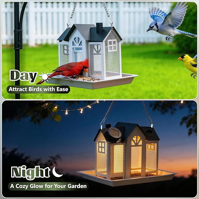 Solar Bird Feeder for Outdoors Hanging – Heavy Duty Metal Wild Bird Feeders with Solar Light & 5 Bird ID Cards – Chew Resistant Seed Feeder for Cardinal, Unique Gifts for Mom