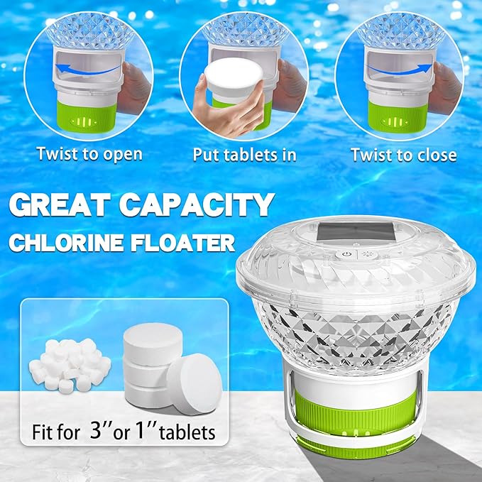 FineBud2025 Upgrade Solar Chlorine Floater, Pool Chlorine Floater with Colorful Light, Button Control Floating Chlorines Dispenser for Pool, Adjustable Flow chlorines floaters (Green)