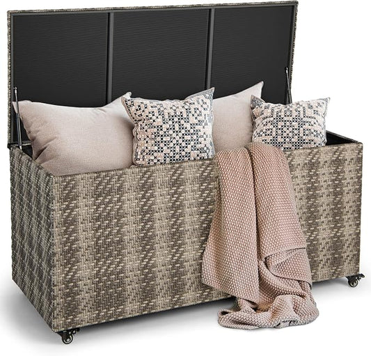 Giantex 96-Gallon Outdoor Storage Box - PE Wicker Deck Box with Lid, 4 Wheels, Waterproof Liner, outside Rattan Storage Container for Patio Cushions, Garden Tools Accessories Storage Box (Mix Gray)