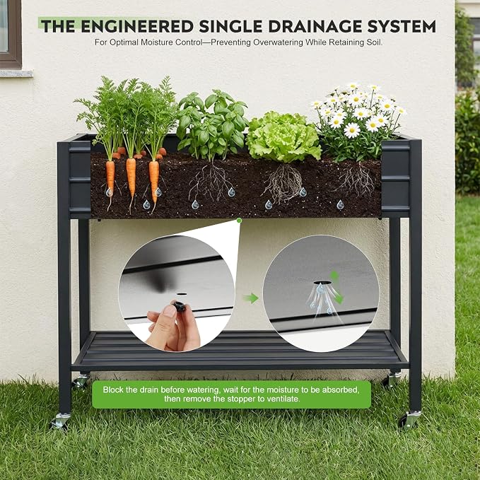 32" Tall Galvanized Raised Garden Bed with Legs Wheels & Shelf, Elevated Planter Box Outdoor for Vegetables, Herbs & Flowers, Patio & Backyard, Garden Bed with 400lb Capacity，Black