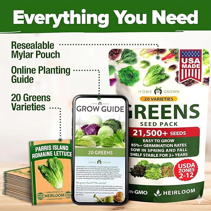 HOME GROWN 20 Variety Lettuce Seeds 21,500+ Bulk Pack Heirloom Non-GMO High Germination, Romaine, Butterhead, Spinach, Kale, Iceberg, Continuous Harvest Indoor Outdoor Hydroponic Garden (20 Varieties)