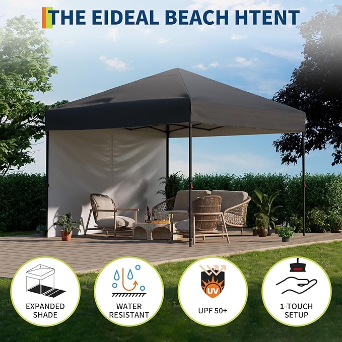 10x10ft Pop Up Canopy Tent, Heavy Duty Commercial Instant Tent, One-Push Setup with 1 Removable Sidewall, 210D Oxford Waterproof UV Protection (UPF 50+) for Outdoor Camping, Parties, Farmers Market