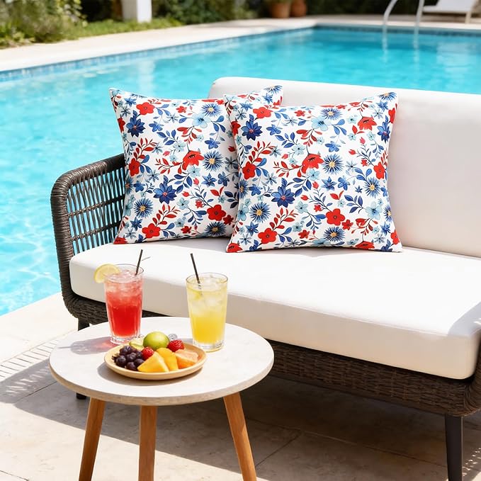 SquarePie 4th of July Outdoor Pillow Covers 18x18 Inch Set of 2 - Waterproof Red Blue Flowers Square Cushion Covers, Patriotic Watercolor Floral Decorative Throw Pillow Cases for Patio Couch Sofa