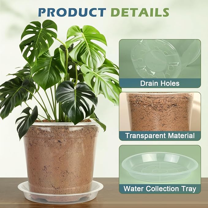 5 Pack 10 Inch Large Clear Nursery Pots with Drainage Hole and Saucers, Plastic Plant Pots for Seedlings, Flowers, Indoor Outdoor Gardening