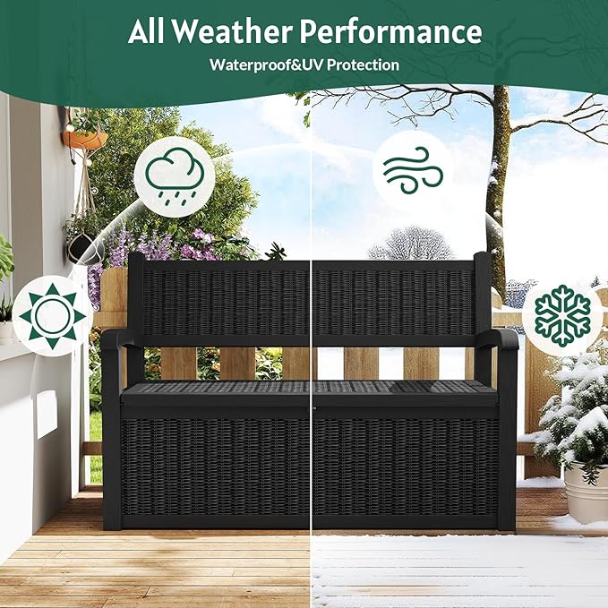 Skepphlay 70 Gallon Storage Bench Outdoor, Deck Box Bench with Armrest, Lockable Outside Benches with Storage, Deck Boxes Waterproof for Pool Patio Garden (Black)