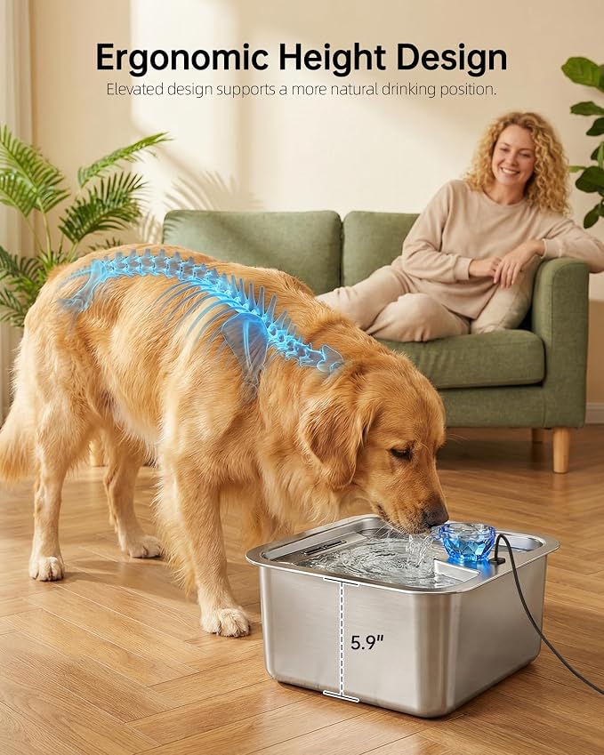 3 Gallon Large Dog Water Fountain, Stainless Steel Pet Water Fountain for Large Dogs, Automatic Big Dog Water Bowl Dispenser Drinking with 4 Filters, Easy to Clean, Quiet Pump