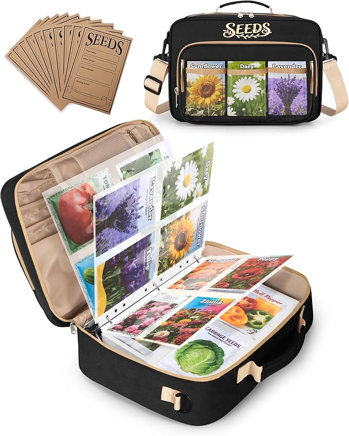 Seed Storage Organizer Binder with 20 PCS Reusable Seed Envelopes - 30 Pack Sheet Protectors Holds 120 Packets Envelopes, Black