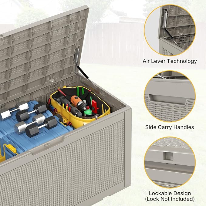 Skepphlay 100 Gallon Deck Box Outdoor Waterproof, Rattan Outdoor Storage Box, Patio Storage Boxes for Cushions, Pillow, Garden Tools, Equipment