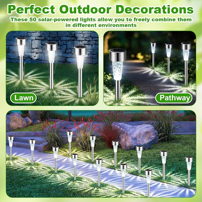Huquary 50 Pack Solar Pathway Lights Outdoor Bulk, Stainless Steel LED Path Lights, Weather Resistant Solar Stake Light with Auto On/Off Sensor for Lawn, Patio, Driveway, Walkway, Garden Path