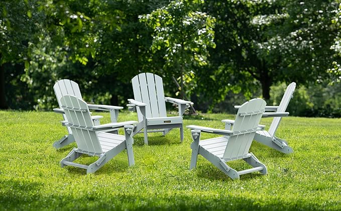 Folding Adirondack Chair, Wooden Textured Plastic Adirondack Chairs with 2 Cup Holder, Weather Resistant HDPE Fire Pit Chair, Outdoor Patio Chairs for Garden, Backyard, Lawn, Deck, 380LBS, White