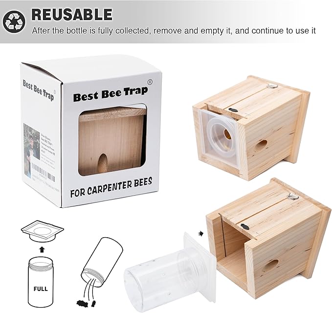 Carpenter Bee Trap for Outside - Pentroof Style Nature Hanging Wood Carpenter Bee Traps Outdoor - Best Bee Trap - Insect Traps with Removable Vault (4 Pack)