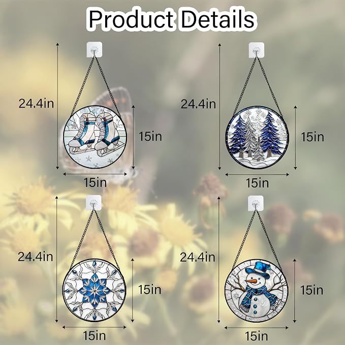 DASTOLL Stained Glass Window Hanging 4 Pcs Set White Winter Christmas Snow Scene Large 15" - Suncatcher Door Garden Sun Catcher Decor Birthday for Mom Woman Nana Men Friend Wife