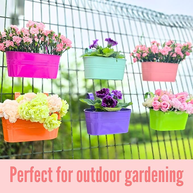 LaLaGreen Rail Planter (17 Inch, 6 Pack) Colorful Metal Hanging Flower Pots Railing Fence Balcony Gardening for Apartment Patio Planters Modern Garden Style Iron Outdoor Decoration Porch Decor